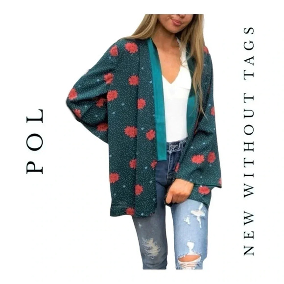 0003. POL OPEN FRONT KIMONO TEAL/RED/BLUE/WHITE FLORAL PATTERN‎ WITH POLKA DOTS - Picture 1 of 12